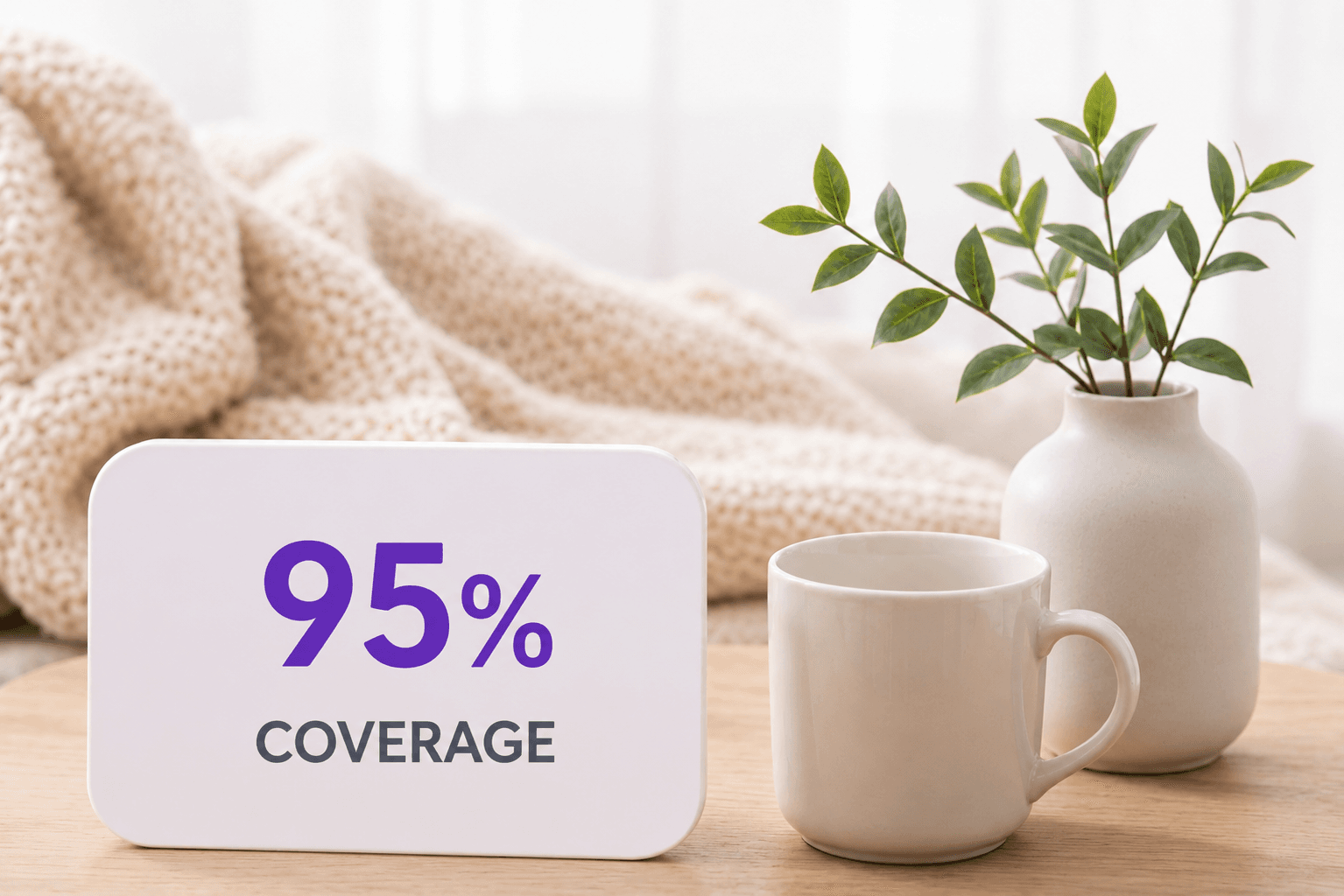 95% coverage card with mug and plant