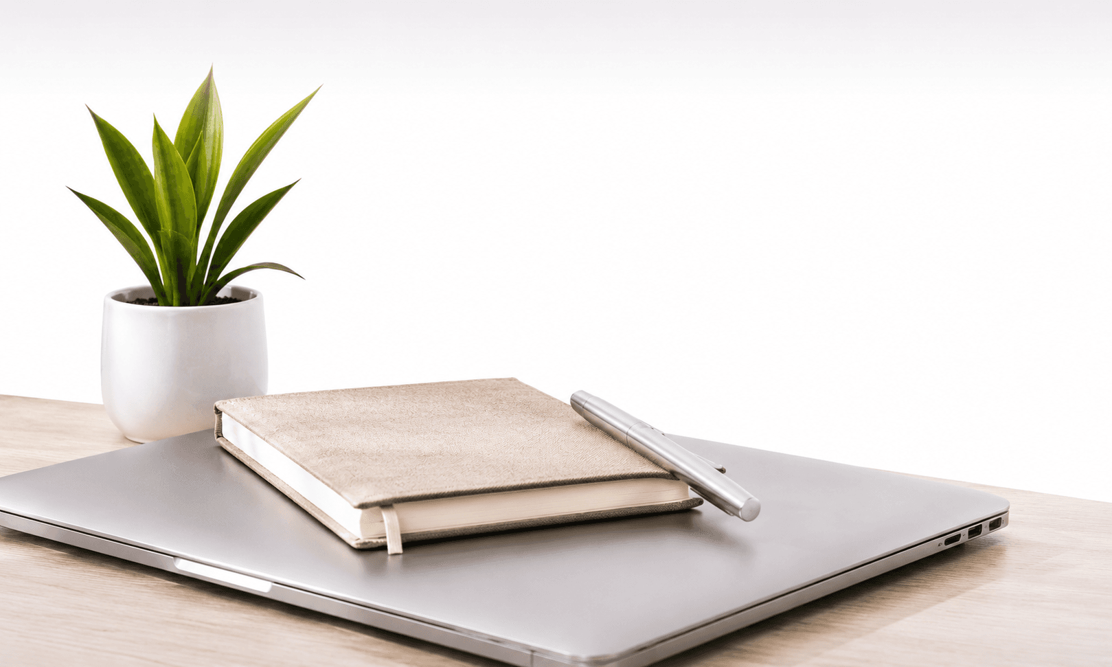 Laptop with notebook and plant on a desk