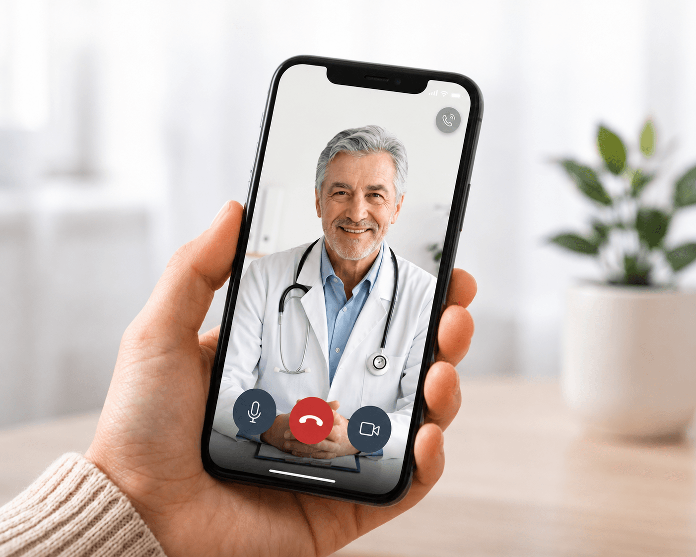 Hand holding phone with video doctor call